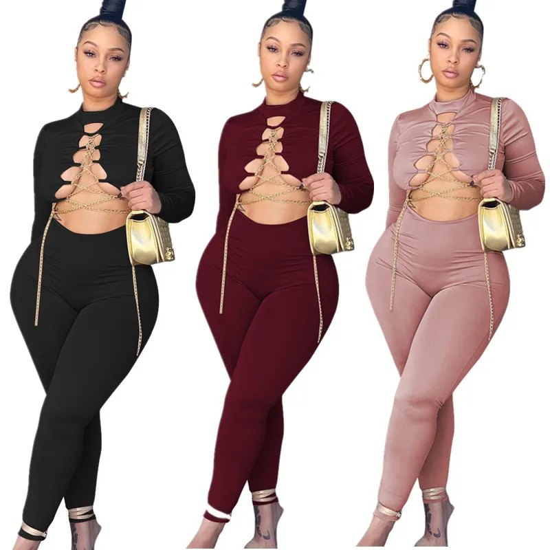 

Sexy Gold Chain Bandage Jumpsuit Charming Hollow Out Bodycon Curved Bodysuit Stylish Long Sleeve Rompers Casual Streewear
