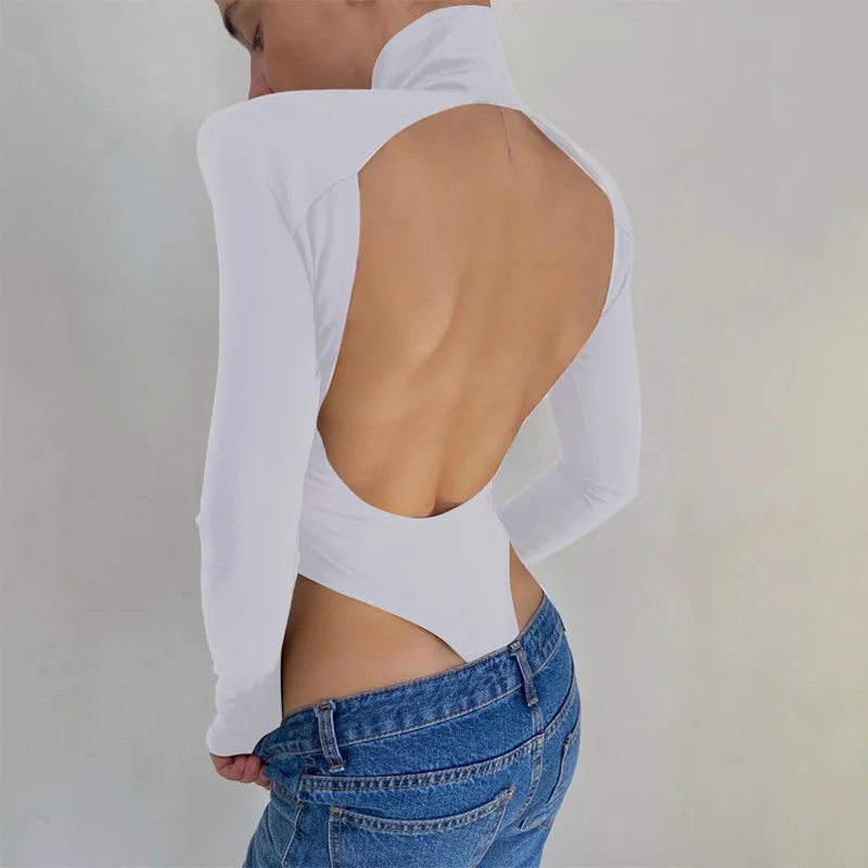 Cryptographic Sexy Backless Bodysuits Turtleneck Elegant Club Party Women's Tops One Piece Outfit High Waist Bodysuit Rompers