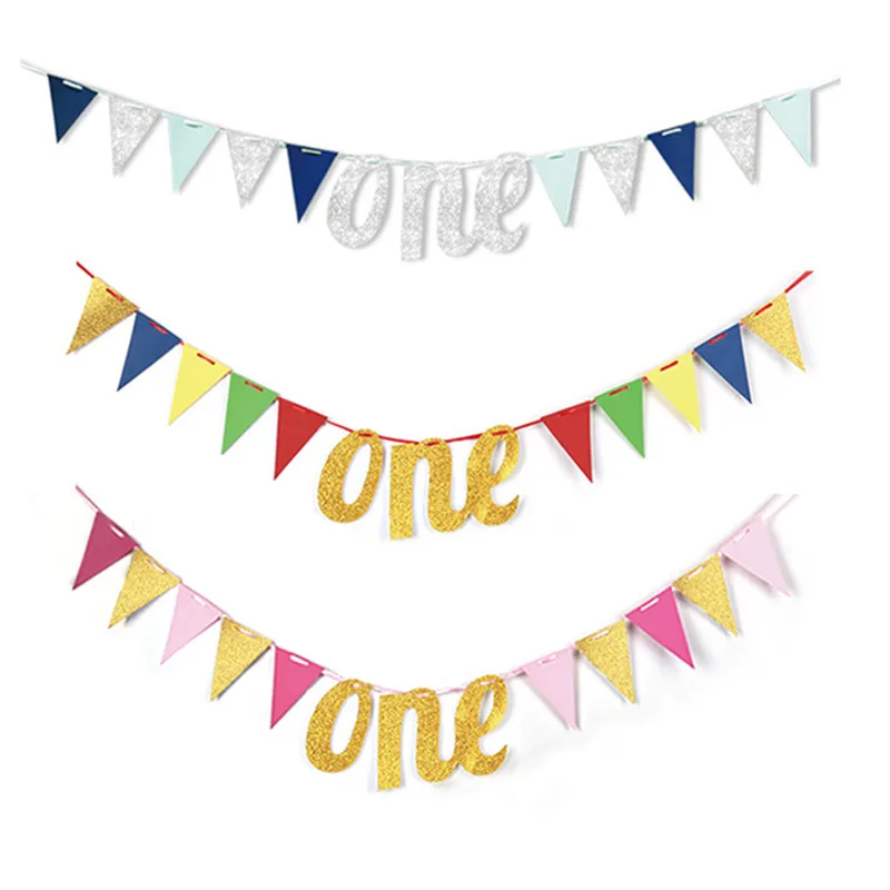 

Детские блестящие бумажные баннеры на день рождения один год, гирлянды для мальчиков и девочек на 1-й день рождения, подвесные флажки, украше...