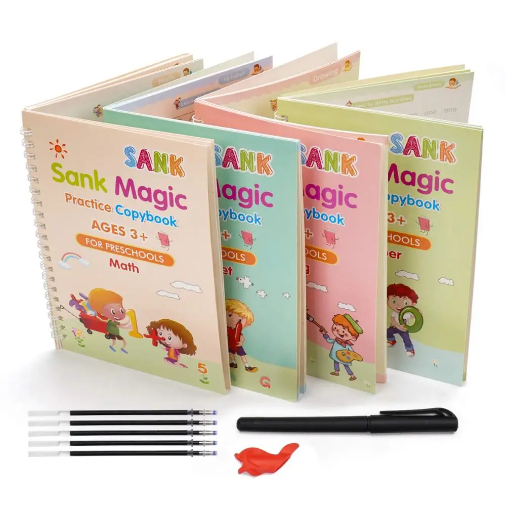 

4Pcs Magic Books + Pen Magic Practice Book Groove Free Wiping Children's Toy Writing English Learn English Copybook for Kid Gift