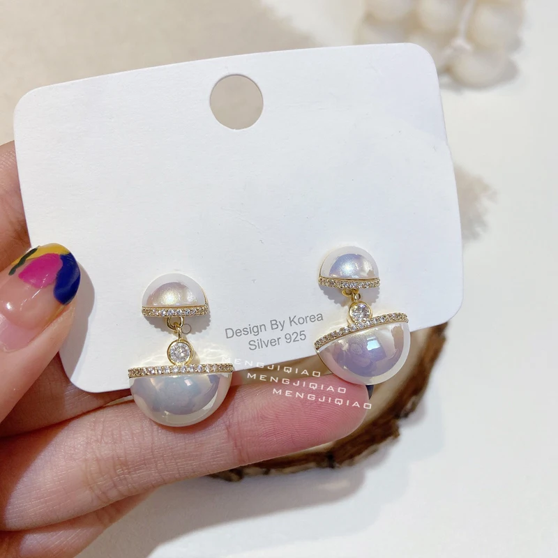 

MENGJIQIAO Korean Delicate Micro Paved Zircon Drop Earrings For Women Girls Elegant Half Shell Pearl Pendientes Jewelry Gifts