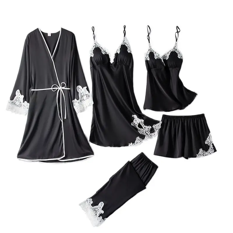 

Black Women Robe Suit Pajamas Nighty&Satin Kimono Bathrobe Gown Nightdress Silky Lace Sleep Set Nightwear Sexy Nightgown