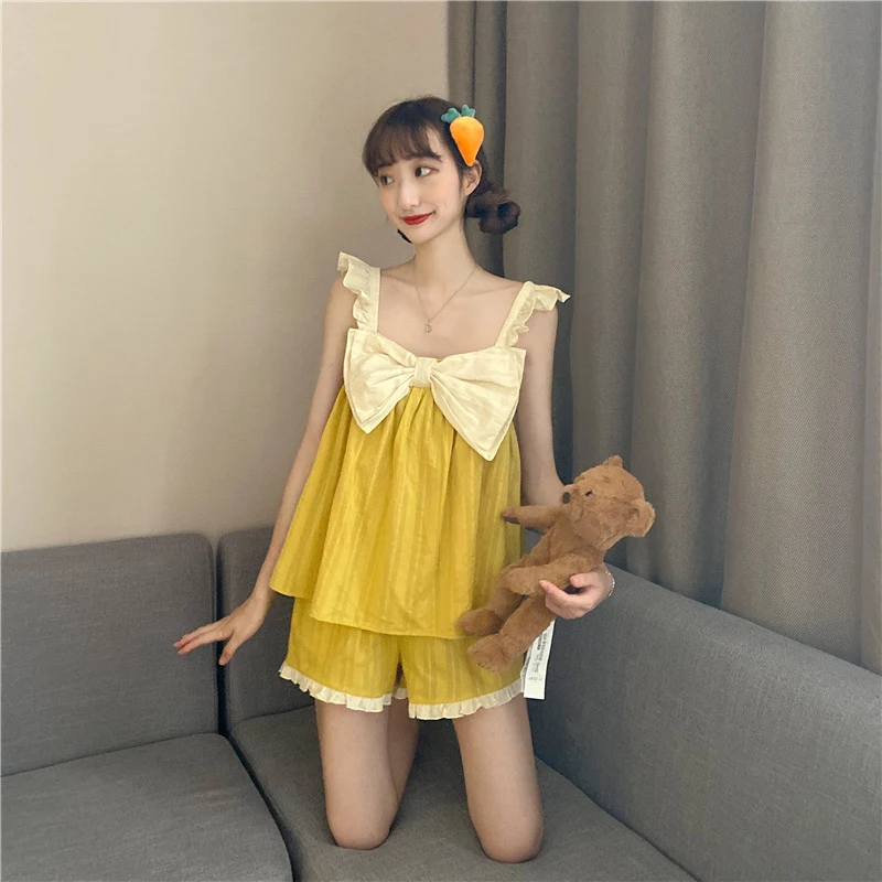 

ChunShang 2021 Summer Girl Sexy Hedging Thin Big Bow Loose Lotus Leaf Sleeve Wild Home Nightdress Pajamas Set