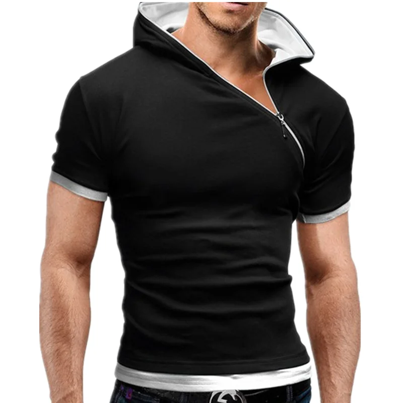 

2021 New Men's Zipper Shirt Tops Tees Summer Cotton V Neck Short Sleeve T Shirt Men Fashion Hooded Slim T Shirts