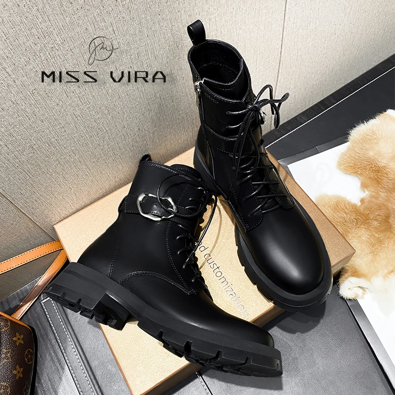 

MISS VIRA Ankle Boots For Women Genuine Leather Lace Up Zipper Motorcycle Boots Platform Shoes Chaussure Femme