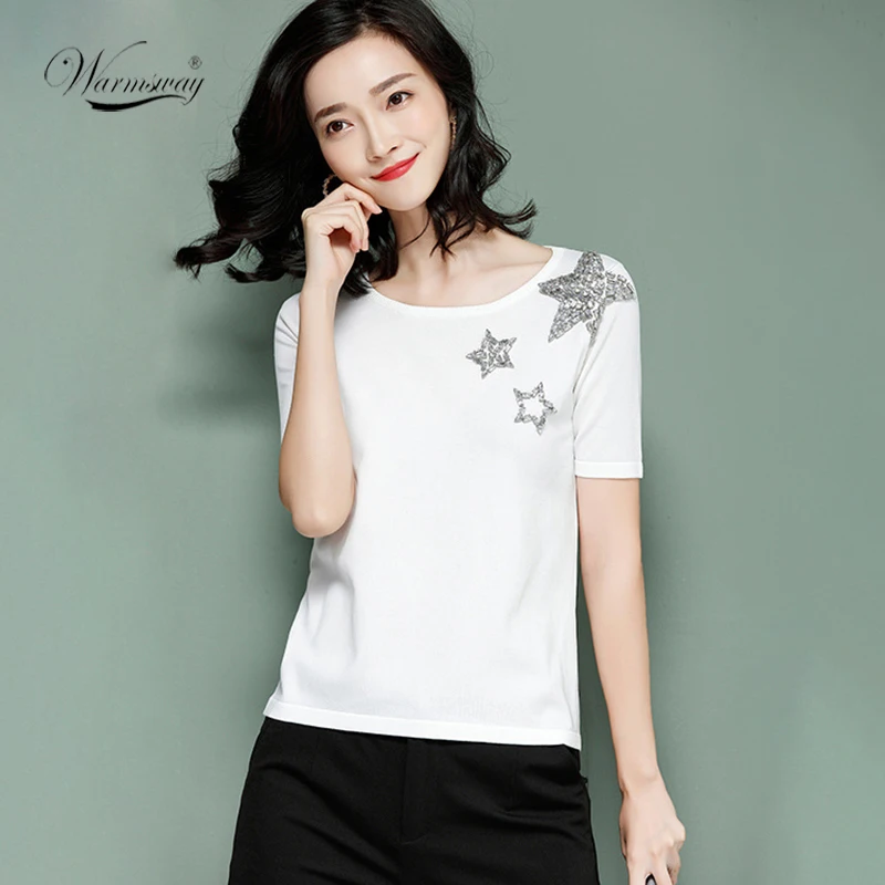 Футболка женская трикотажная с коротким рукавом со звездами и бисером|fashion