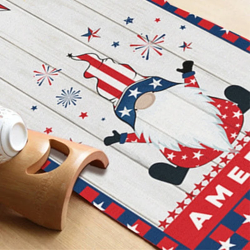 

July 4th Holiday Independence Day Table Runner American Flag Gnome Print Cotton Linen Tablecloth Cover Home Party Decor