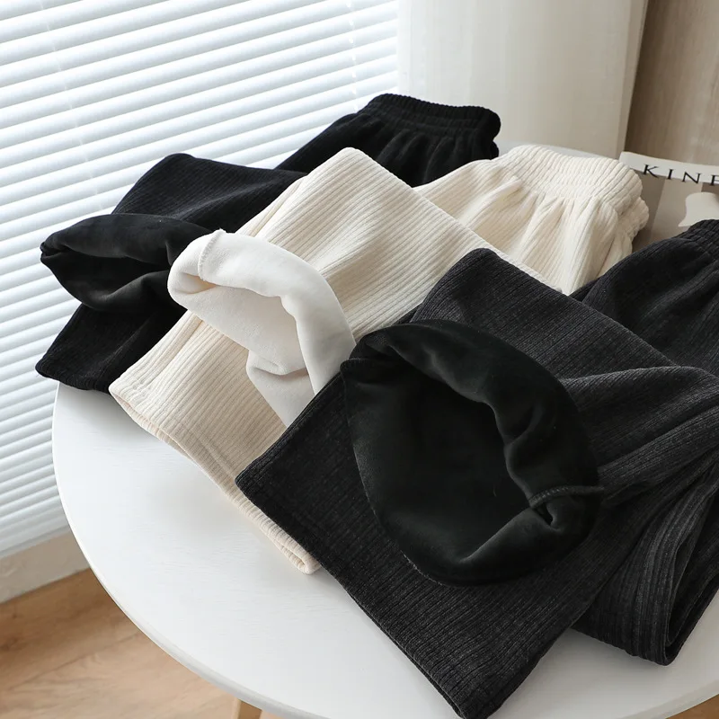 

Winter 2020 Women's Fleece Home Wide-Leg Pants Autumn Warmth Loose Sweatpants Thick Warm High-Waisted Thin Straight Trousers