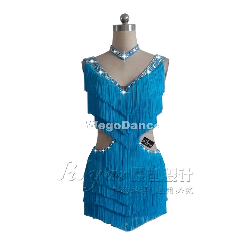 

New Custom-made Women Latin Dance Dress Sexy Sleeveless Tassel Rhinestone Skirts Latin Salsa Chacha Standard Costumes