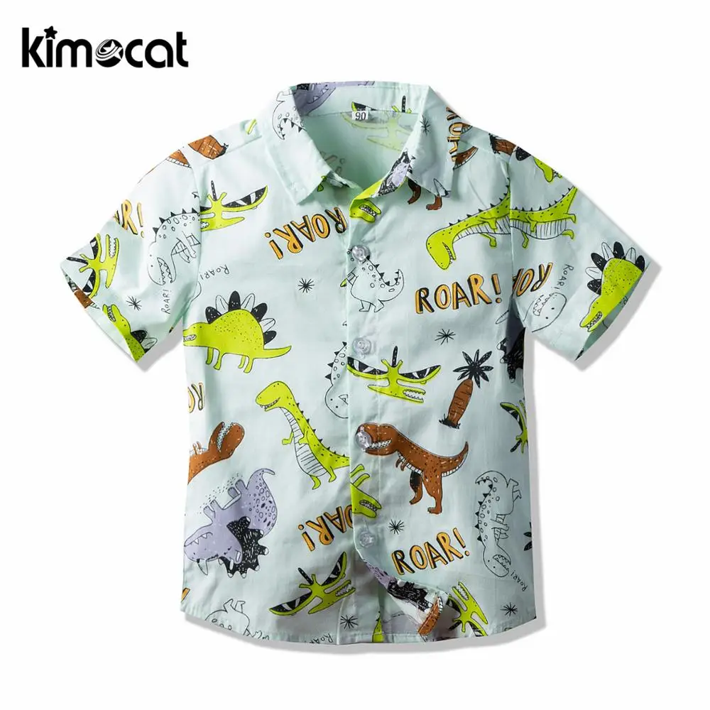 

Kimocat New Boys Clothes Boys Printed Dinosaur Short Sleeve Shirt Cotton Children's Shirt Kids Clothing Summer Beach Style