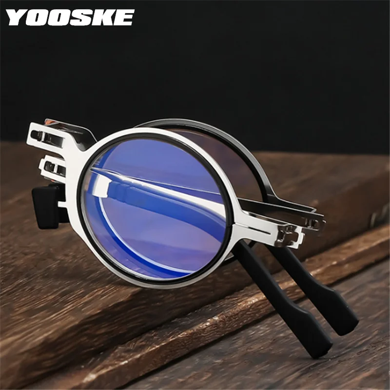 Очки для чтения YOOSKE с блокировкой синего света, складные, для женщин и мужчин, металлическая округлая складная модель для пресбиопии и гиперметропии.