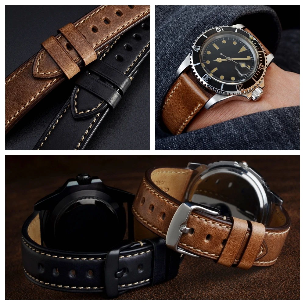 Anbeer Leather Watchband 18mm 19mm 20mm 21mm 22mm 23mm 24mm Men Women Black Brown Horween Leather Calfskin Watch Strap Bracelet