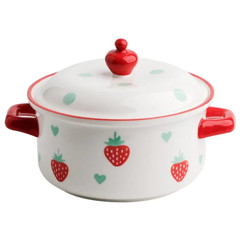 Ceramic Tableware Strawberry Pattern Dish Plate Western Food Household Pasta Dessert Soup Bowl with Handle | Дом и сад