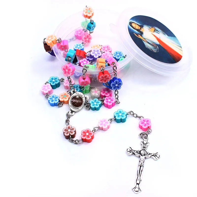 Religious Flower Aryclic Beads Women Polymer Clay Cross Rosary Necklace |