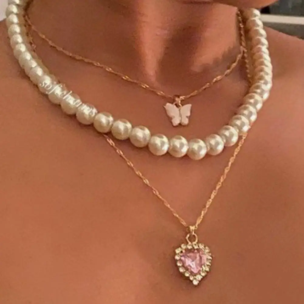 

Pink Heart Crystal Pendant Pearl Beaded Necklaces For Women Multilayer Romantic Clavicle Chain Necklace Wedding Party Jewelry
