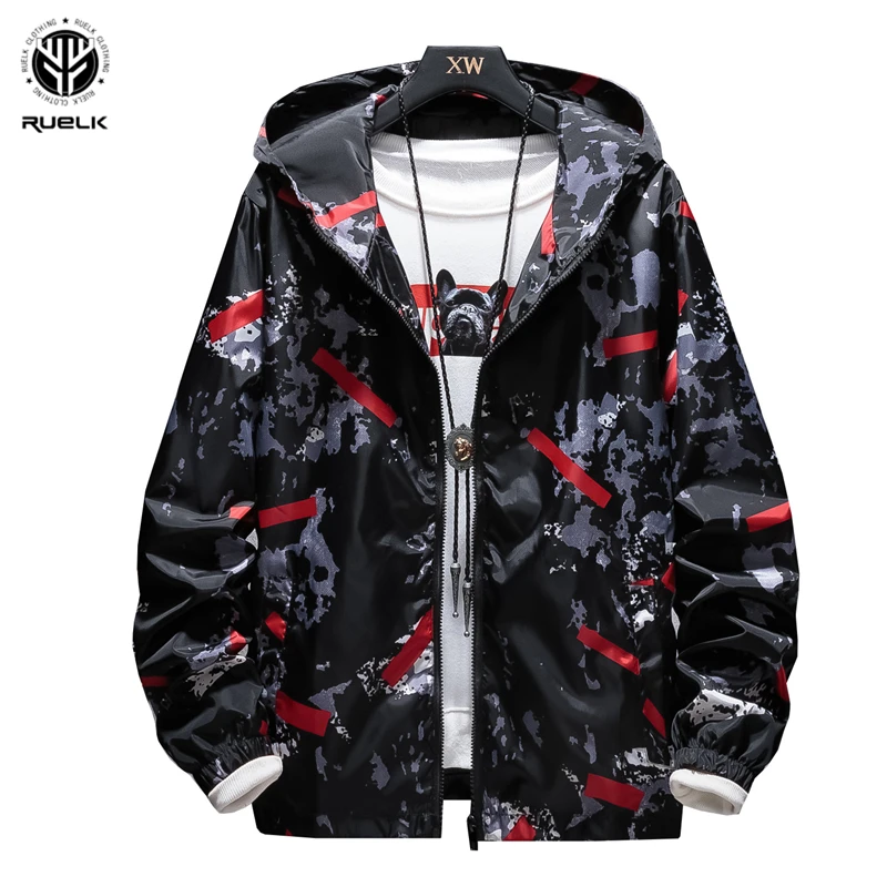 

RUELK Tide Brand Jacket 2020 Spring And Autumn New Men Loose Hooded Traditional Camouflage Striped Printed Long-Sleeved M-5XL