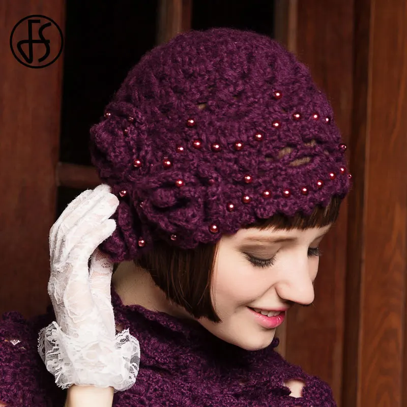 Женская вязаная шапка с жемчугом FS однотонная Повседневная теплая зимняя белого