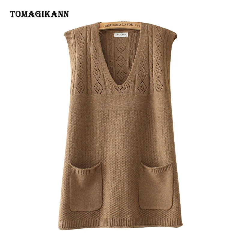 

Women V-Neck Knitted Vest 2021 NEW Spring 4XL Sweater Vests Female Casual Sleeveless Hollow Out Pockets Knit Pullovers