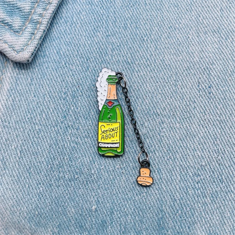 

Cartoon Creativity Fun Champagne Beer Drink Enamel Brooch Lid Chain Alloy Pins Punk Accessories Woman Jewelry Gift For Friends
