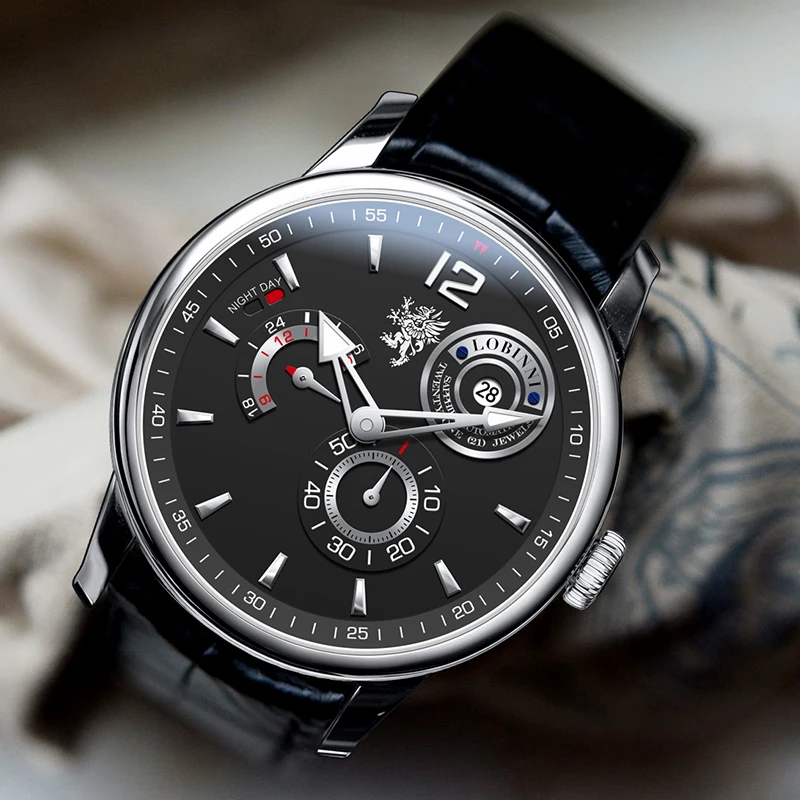 

Мужские автоматические механические часы Lobinni в деловом стиле, мужские водонепроницаемые наручные часы с сапфировым стеклом, датой и кожан...