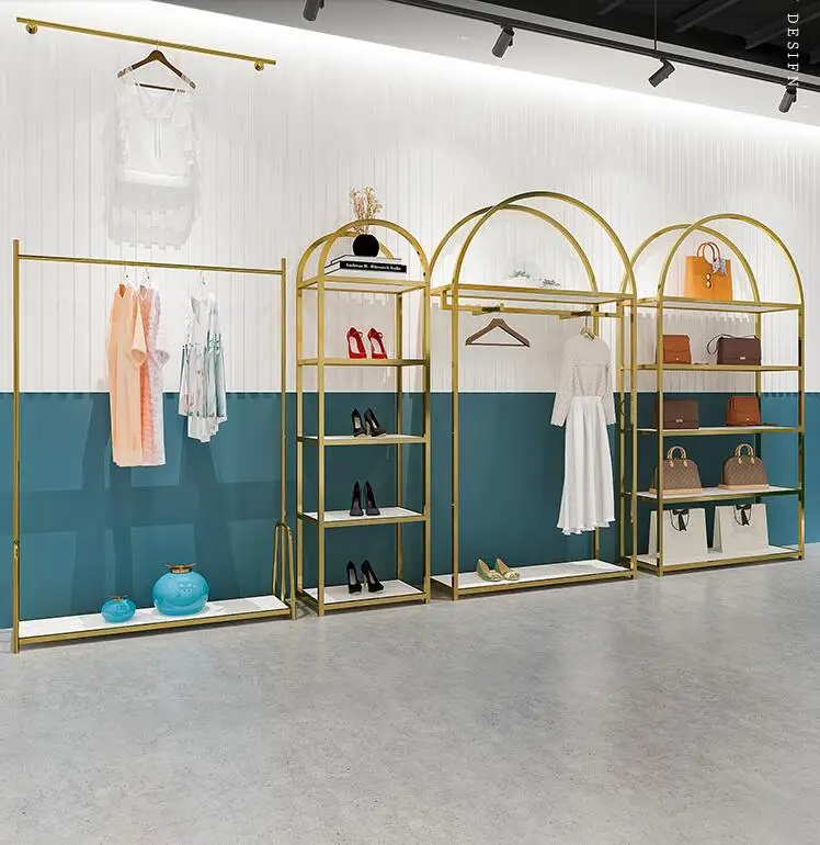 

Clothing store display rack wall hanging stainless steel titanium brushed simple creative hanging clothes rack women's shelf