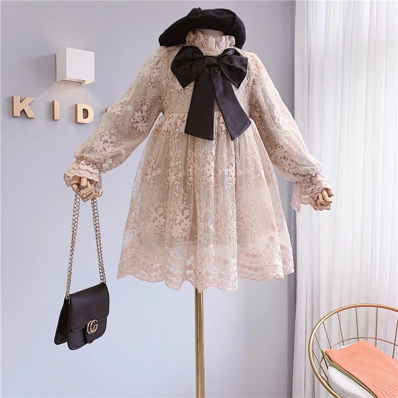 Кружевное платье с длинным рукавом и бантом для девочек новинка 2020 детские