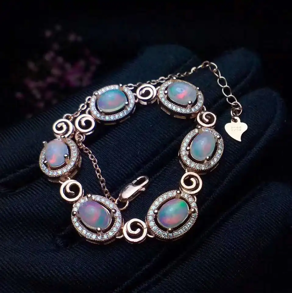 Натуральный опал браслет твердый S925 стерлингового серебра для женщин Цвет