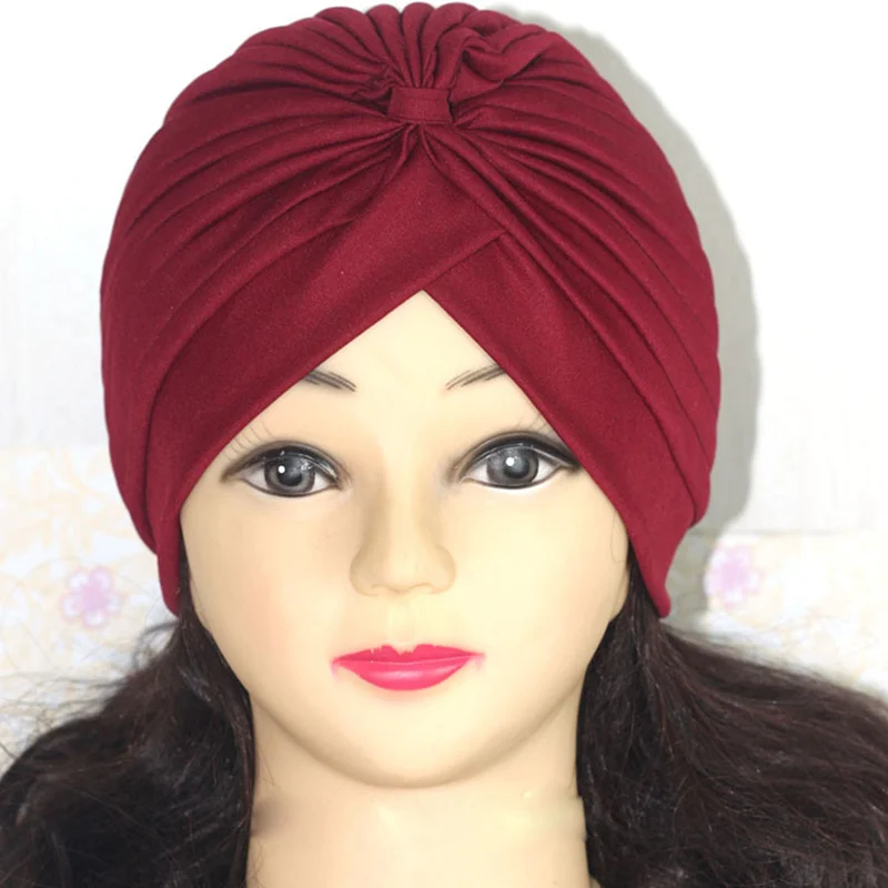 wine red Bohemian Hijab Caps Muslim Women Solid Color Scarf Sun Protection Cap Muslim Multifunctional Turban Ramadan High Quality - Цвет: wine red