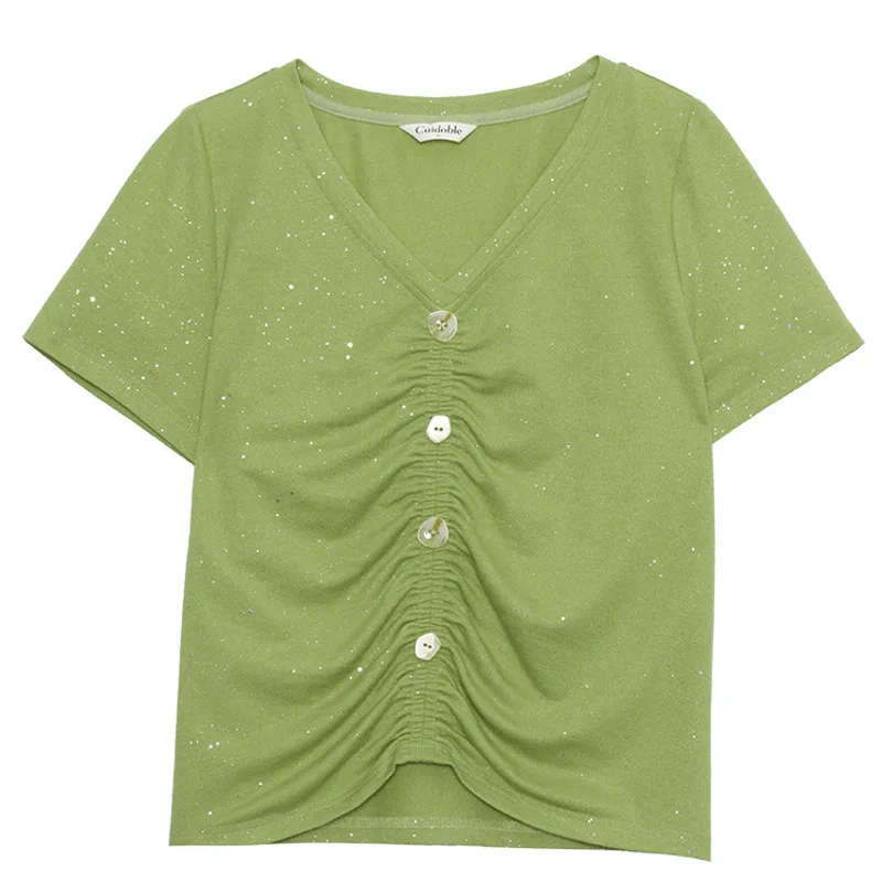 

Caidoble Large Size Women's Clothing Fat Sister 2021summer New Refreshing Ice Silk V-neck T-shirt Z1070