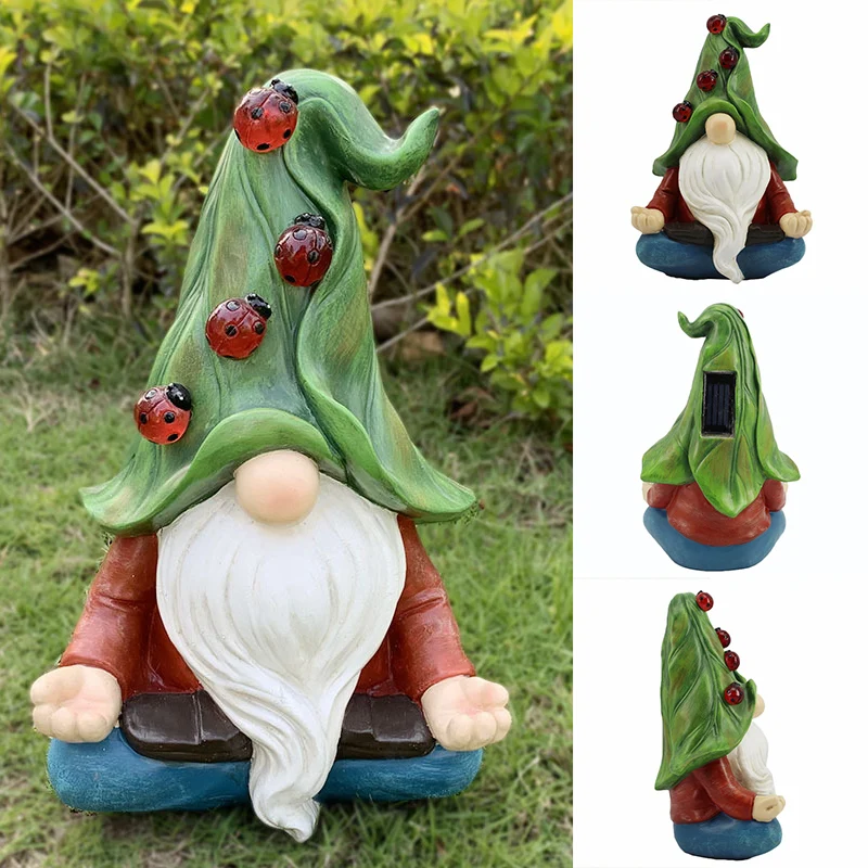 

Garden Solar Gnome Statue with 4 Ladybug Lights Meditating Sculpture Outdoor Figurines Lawn Patio Yard Porch Ornament lpfk Yard