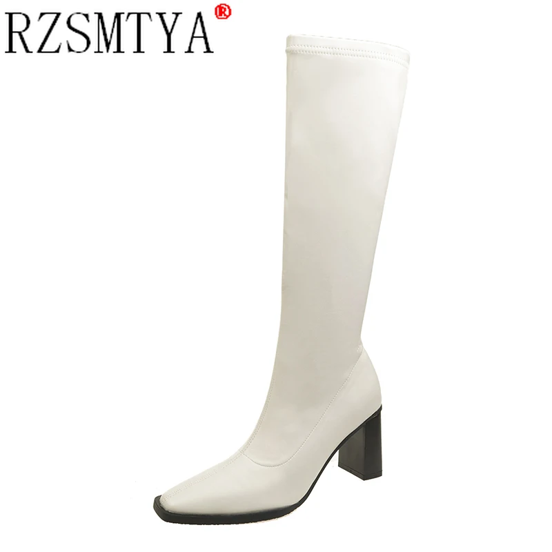 

2021 Women's New Square Toe High Heel Boots Winter Knee-high Boots Side Zipper PU Leather Botas Women Womens Riding Boots