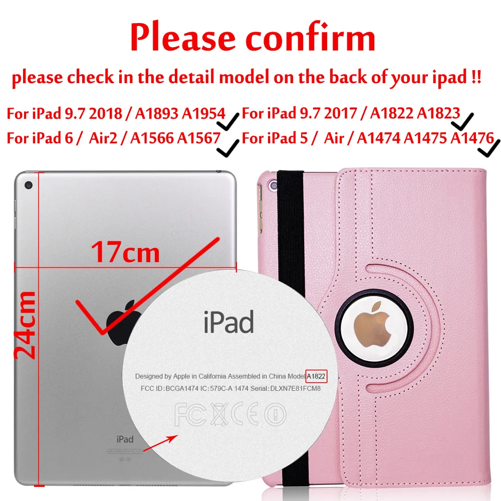 Pink Чехол для iPad 9,7,,, Чехол для iPad Air 2, Air 1, чехол, 5, 6, 5, 6, 6 поколение, чехол, вращающийся на 360 градусов, кожаный смарт-чехол - Цвет: Pink
