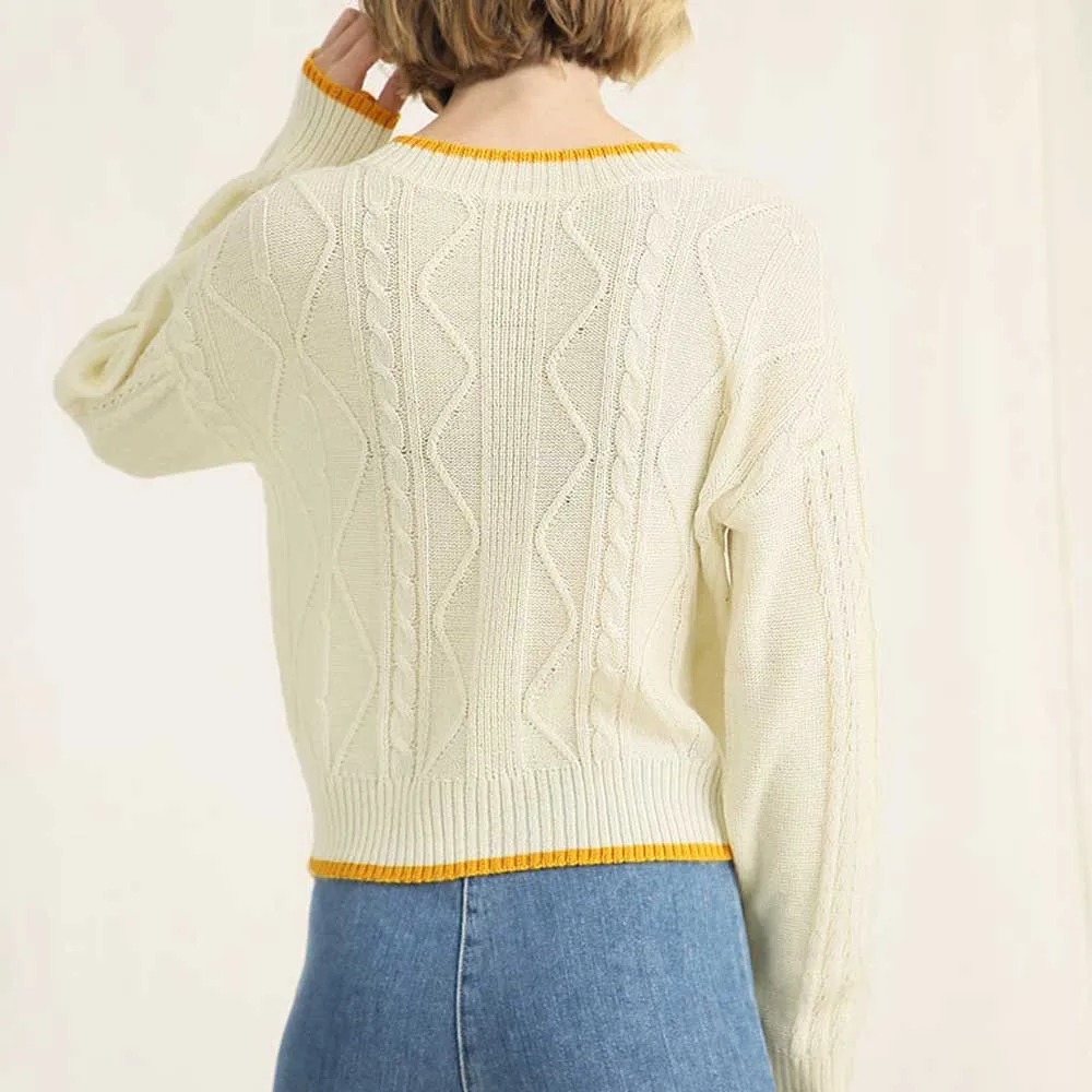 

2021 Women Pullover Knitted O Neck Long Sleeve Contrast Color Beige Autumn Winter Loose Sweater