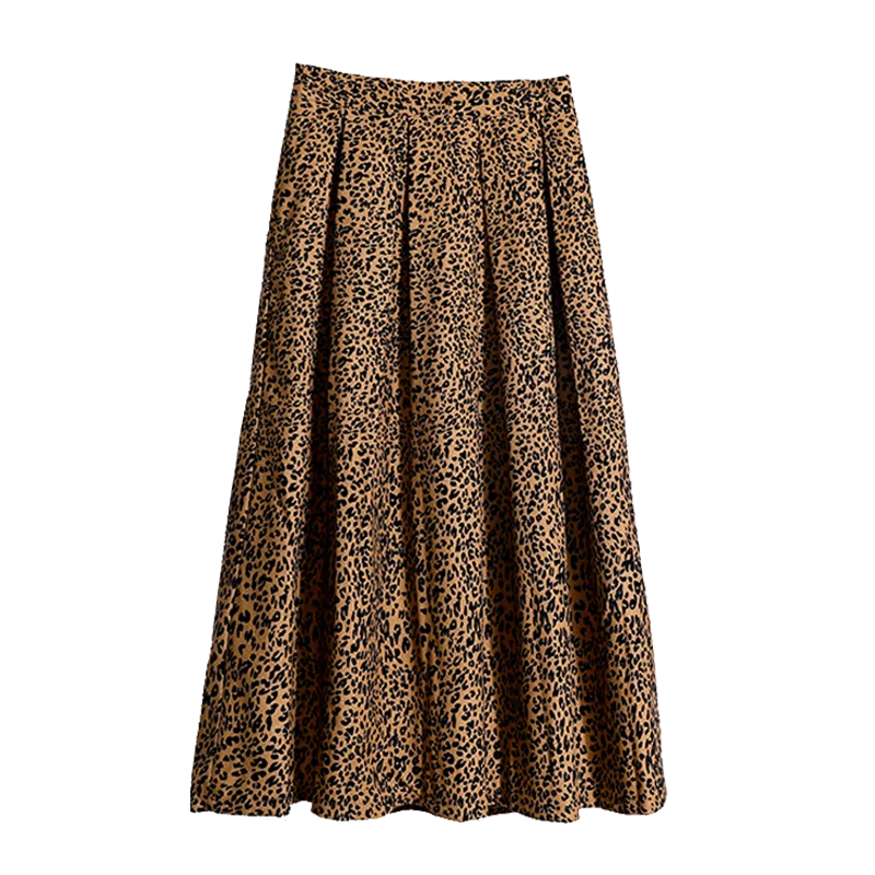 

Leopard Print Midi Summer Skirt Women Korean Fashion 2021 High Waist Elegant Vintage Office Party Pleated Skirt Casual