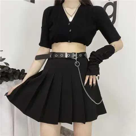 Women Skirts Gothic Short A-Line High-Waist Sexy Chain 2021 Korean Fashion Summer Hot Female Student Black Mini Pleated-Skirt