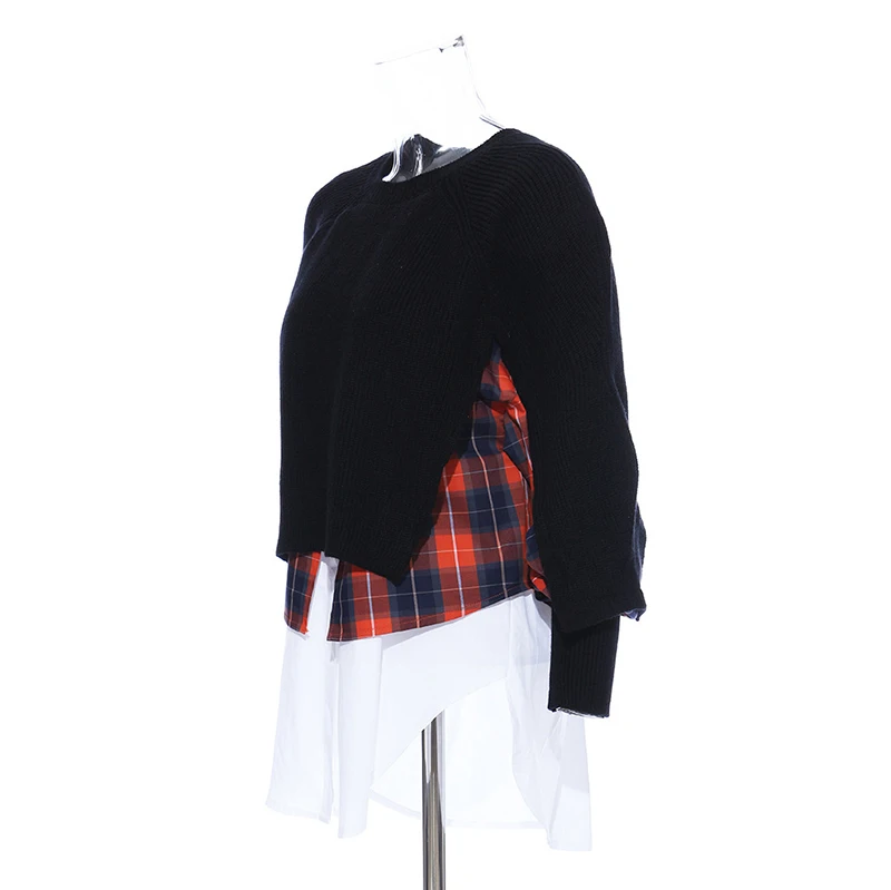 

Plaid Knitting Spliced Sweater Loose Round Neck Long Sleeve Women Pullovers New Fashion Tide Autumn Winter 2021 1DD2372