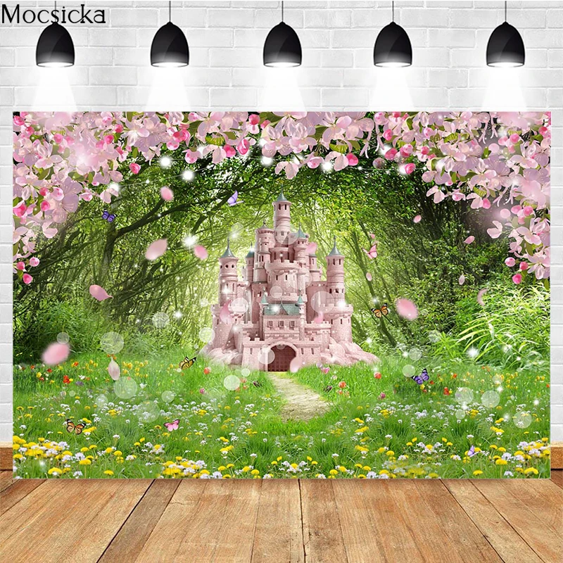 

Mocsicka Spring Forest Photography Background Castle Grass Decoration Studio Props Child Portrait Photo Backdrop Banner