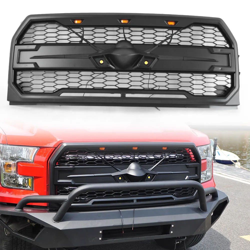 F-150 2015-2017 Car Front Bumper Grille w/ LED Light For Ford F150 2015 2016 2017 Raptor Style Mesh Protective Grill ABS Plastic