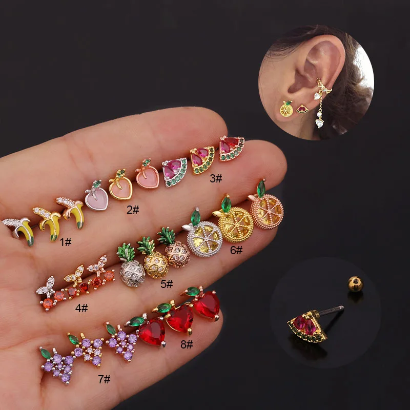 

1Pc Colorful CZ Fruit Cartilage Stud Earrings for Women Cute Personality Helix Tragus Stud Earring Ear Piercing Jewelry