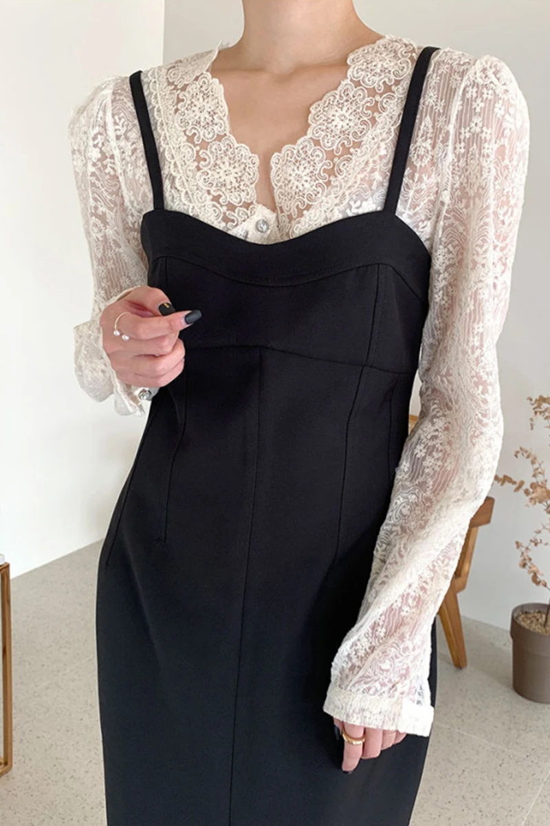 

Korean Chic Elegant V-neck Lace Crochet Shirt for Women Loose Slim Fit Slit Strap Dresses Pullover Suspender Black Dress Female