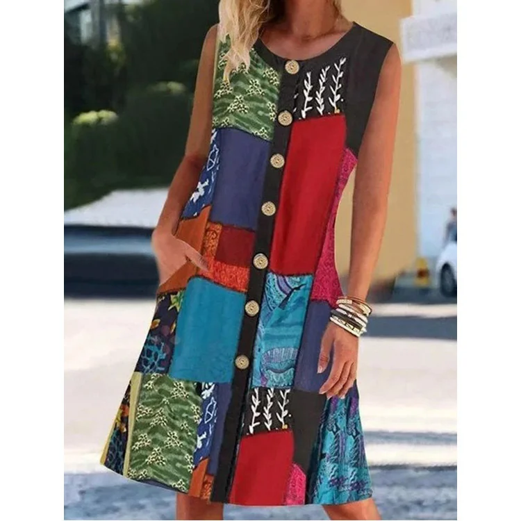

New Fashion Print Elegant Dress Sleeveless Round Neck Dress Women's Summer Sundress Outfits Holiday vestido