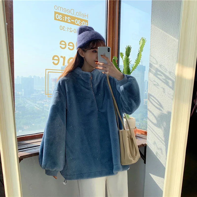 

Lucyever Sweet Stand Collar Pink Faux Fur Coat Women 2020 Winter Warm Casual Furry Jackets Woman Simple All-match Plush Outwear