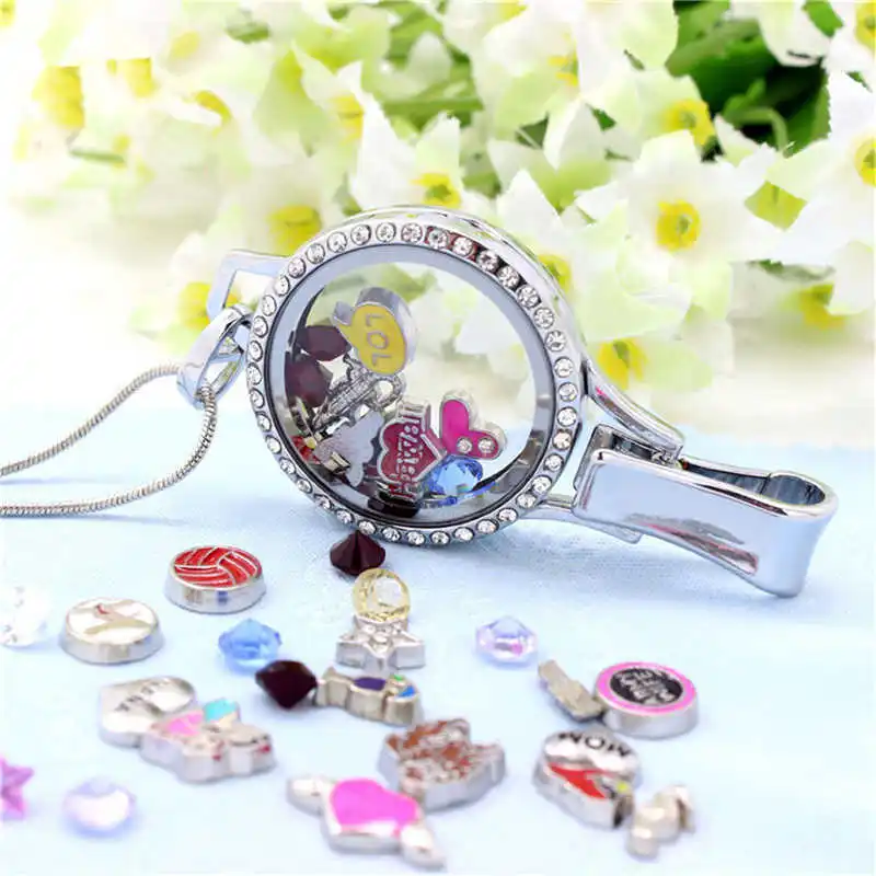 

Julie Wang 30mm Glass Floating Locket Charms With Clip Crystal Round Stainless Steel Pendant Necklace Jewelry Making Accessory