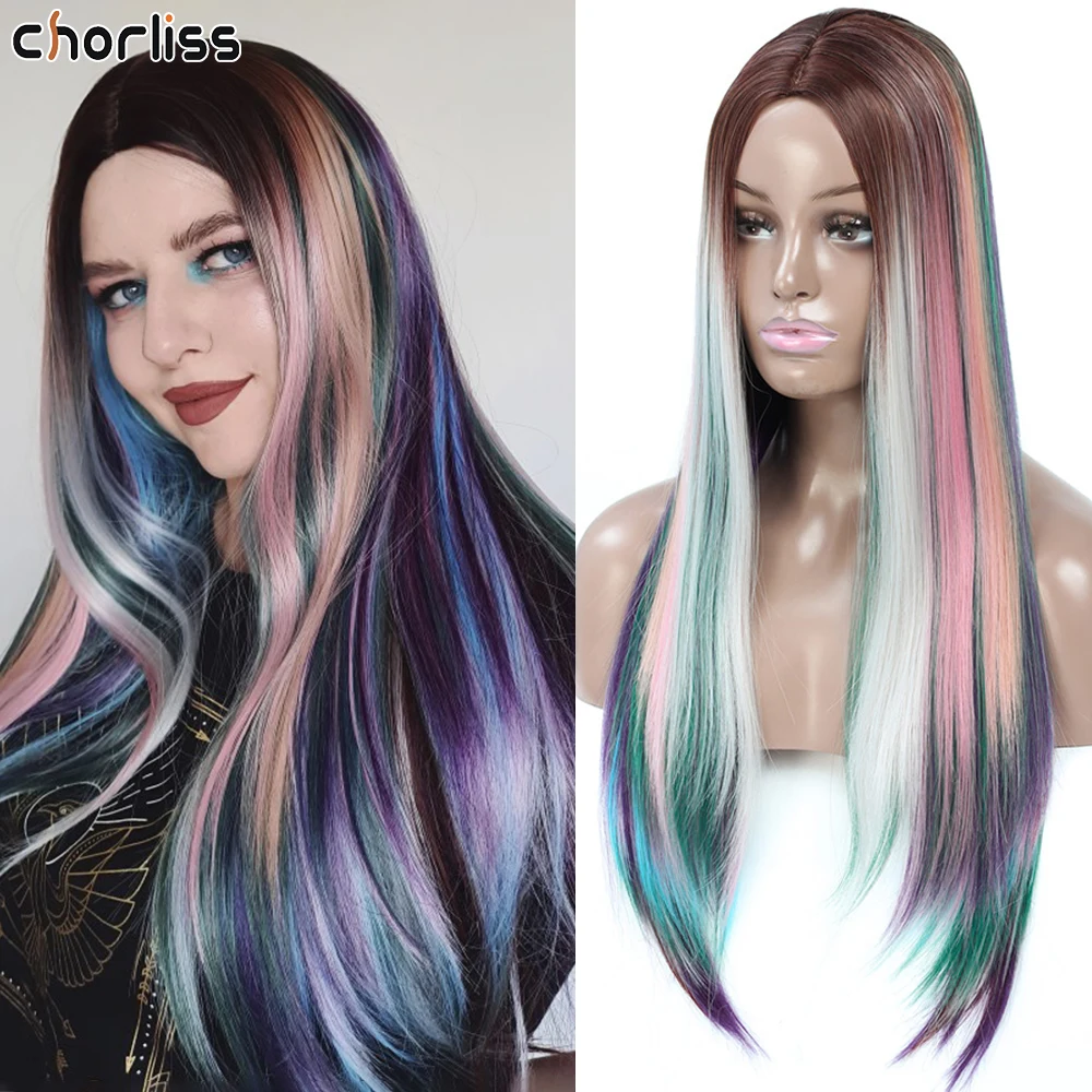 

Long Wavy Synthetic Wigs Hair Cheap Synthetic Hair Wig Heat Resistant Fiber Hair Brown Blonde Rainbow Wigs For Women Daily Use