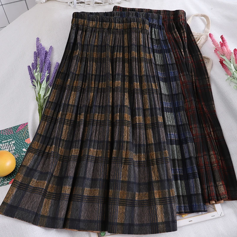 

Autumn Lattice Wool Blend Plaid Pleated Long Skirts Elastic Waist Yellow/Green Check A-line Pleated Mid-calf Long Skirts