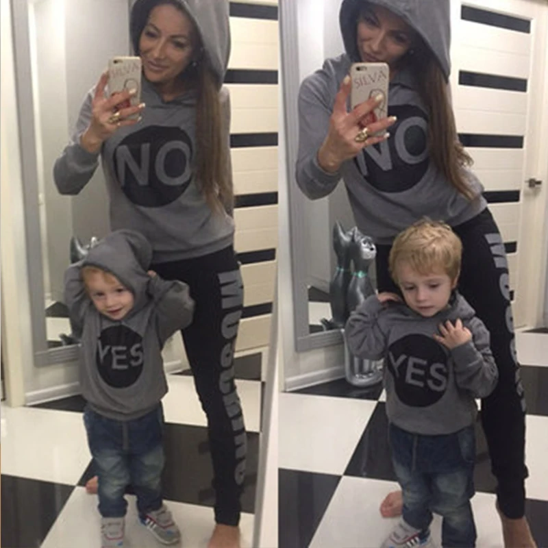 Свитер с надписью YES для мамы и ребенка Осенние Семейные худи длинными рукавами