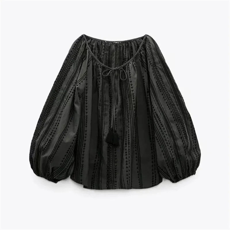 

ZA 2021 autumn new women's clothing fashion all-match casual European and American style loose linen embroidered shirt