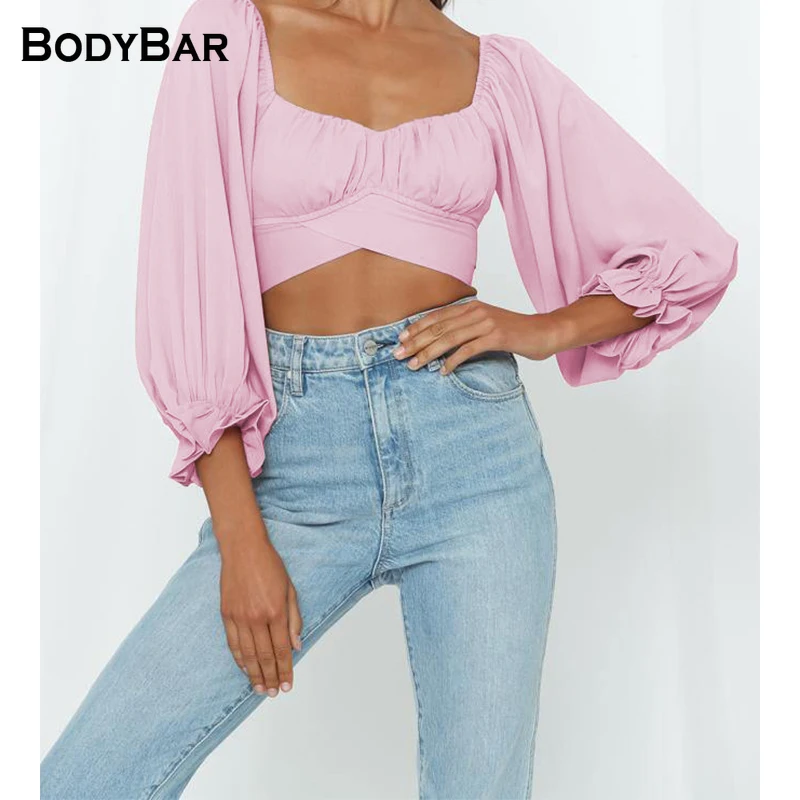 

Новое поступление, пикантная футболка с длинным рукавом и U-образным вырезом, женский укороченный топ с длинными рукавами-фонариками, однот...