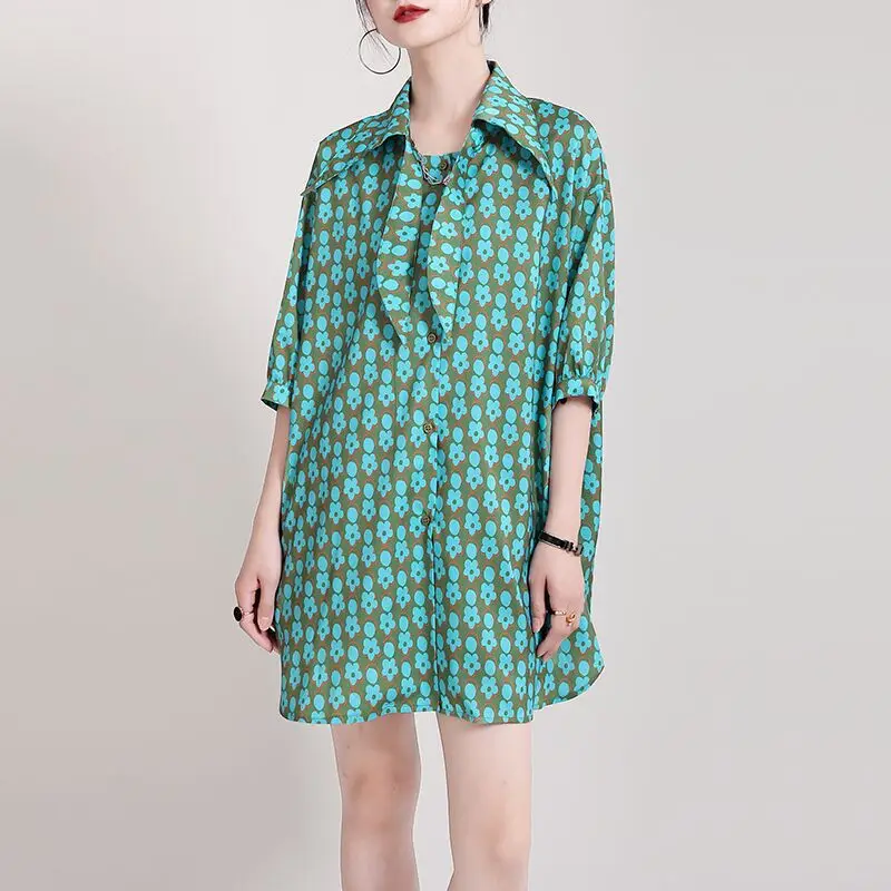 

Chiffon Long Sleeve Shirt Women Fashion 2021 Retro Casual Design Green Printed Loose Shirt French Top Party Long Blouse Clothing