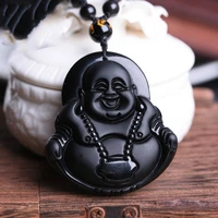 drop shipping mens necklace pendant black obsidian carved maitreya big belly lock buddha pendant for men jade jewelry